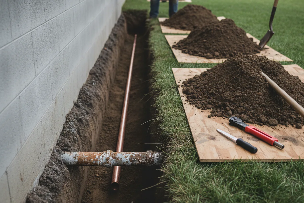 Excavated water line trench during Water Softener Installation in Milliken
